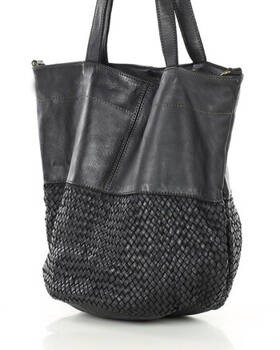 Torba pleciona shopper ze skóry & hobo leather bag - MARCO MAZZINI czarna